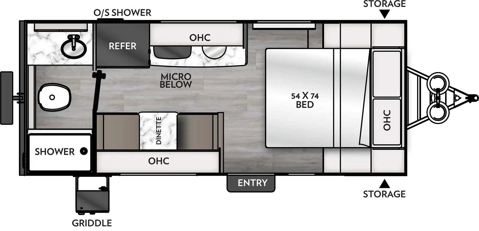 The 17R has no slide outs and 1 entry door. Exterior features include front opposing side storage areas, griddle, and off-door side outside shower. Interior layout from front to back: foot-facing 54 x 74 bed with overhead cabinet; door-side dinette with overhead cabinet; off-door side kitchen with refrigerator, under countertop microwave, overhead cabinet, stovetop and sink; and rear bathroom with shower, toilet and sink.